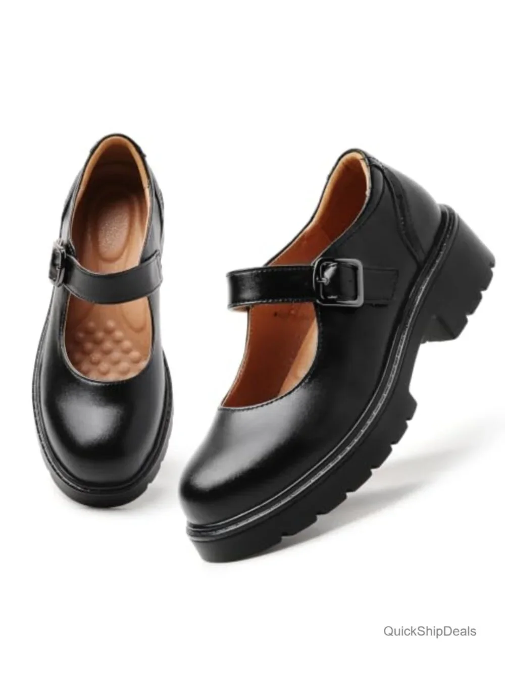 Mary Jane Platform Shoes, Chunky Heel, Leather, Round Toe, Buckle, Memory Foam